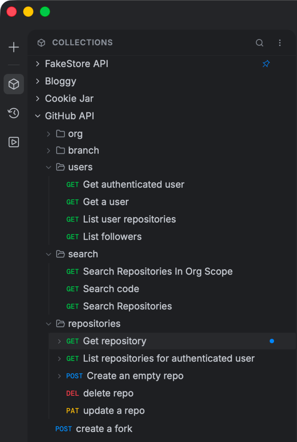 Collections sidebar — nested folders, request list, and context menu