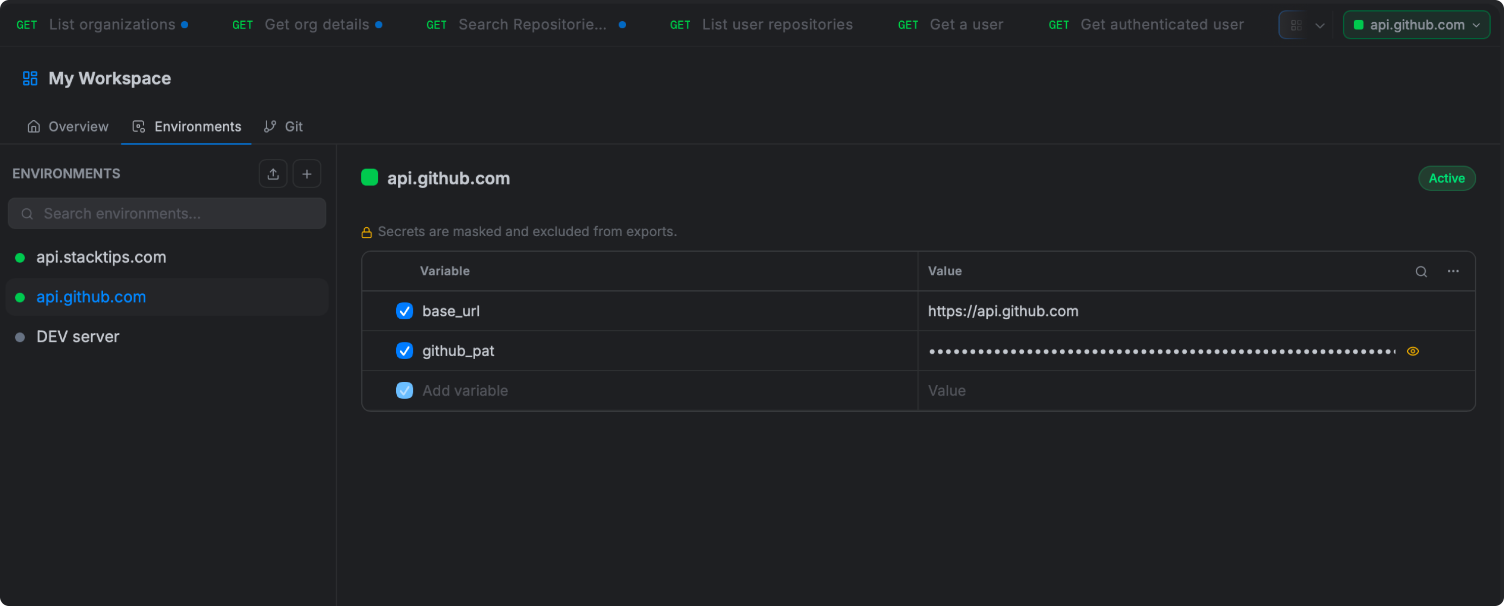 Environment manager — environment list on the left, variable key-value editor on the right