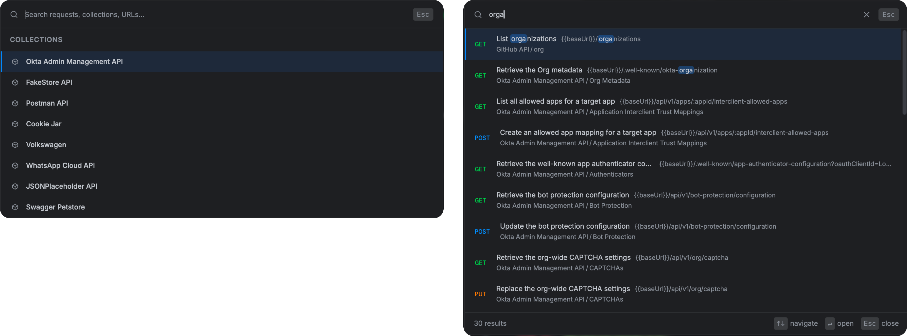 Global search overlay showing results for "users" across all collections.